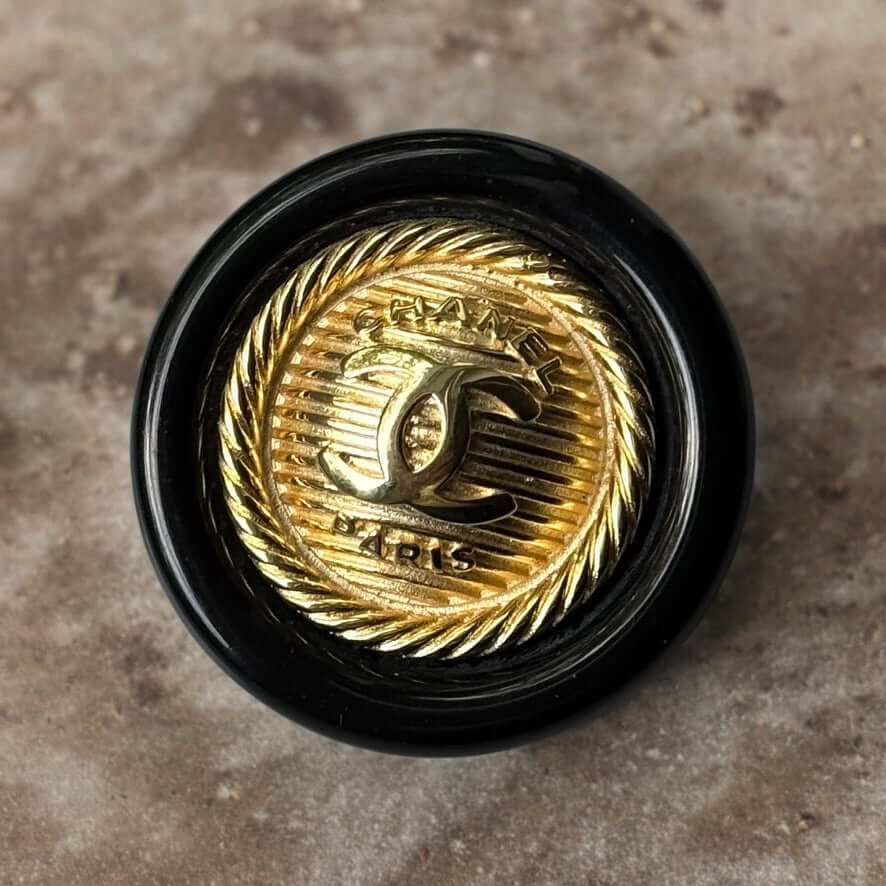 Chanel Gold & Black Round CC Brooch Pin Pre-Owned