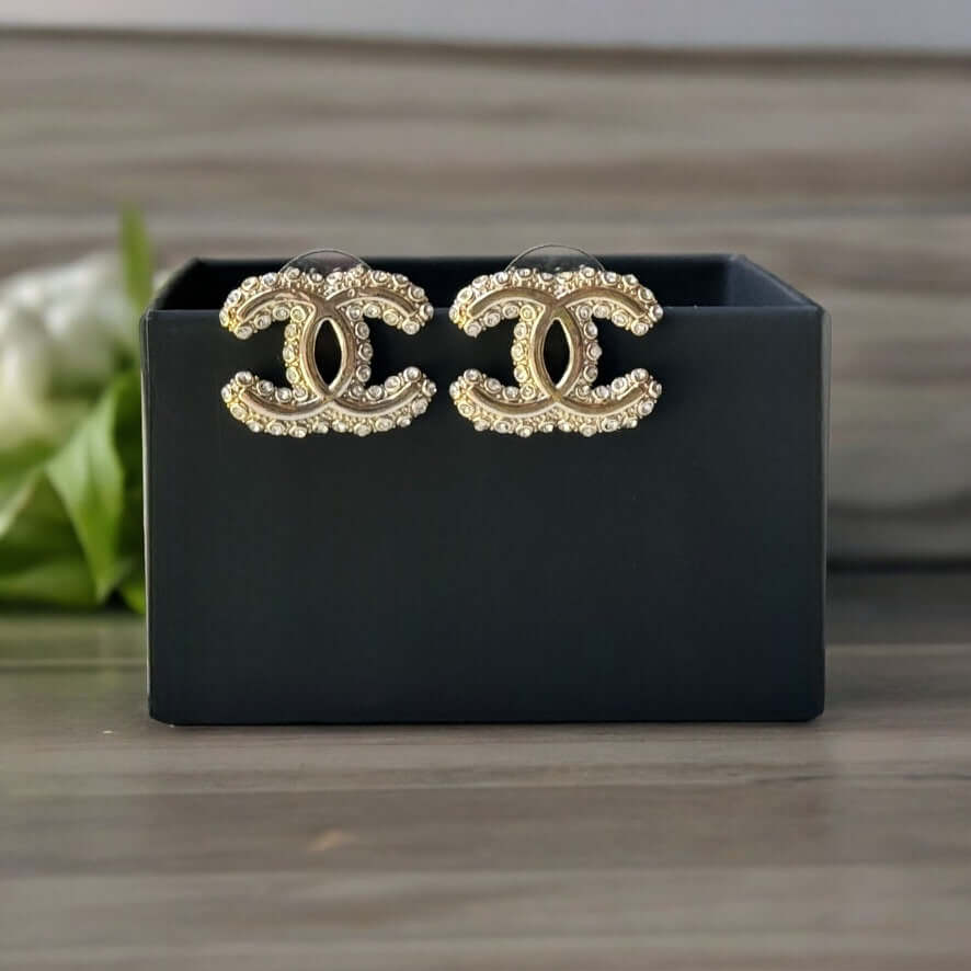 Chanel Gold CC with Clear Crystals  Post Earrings Pre-Owned