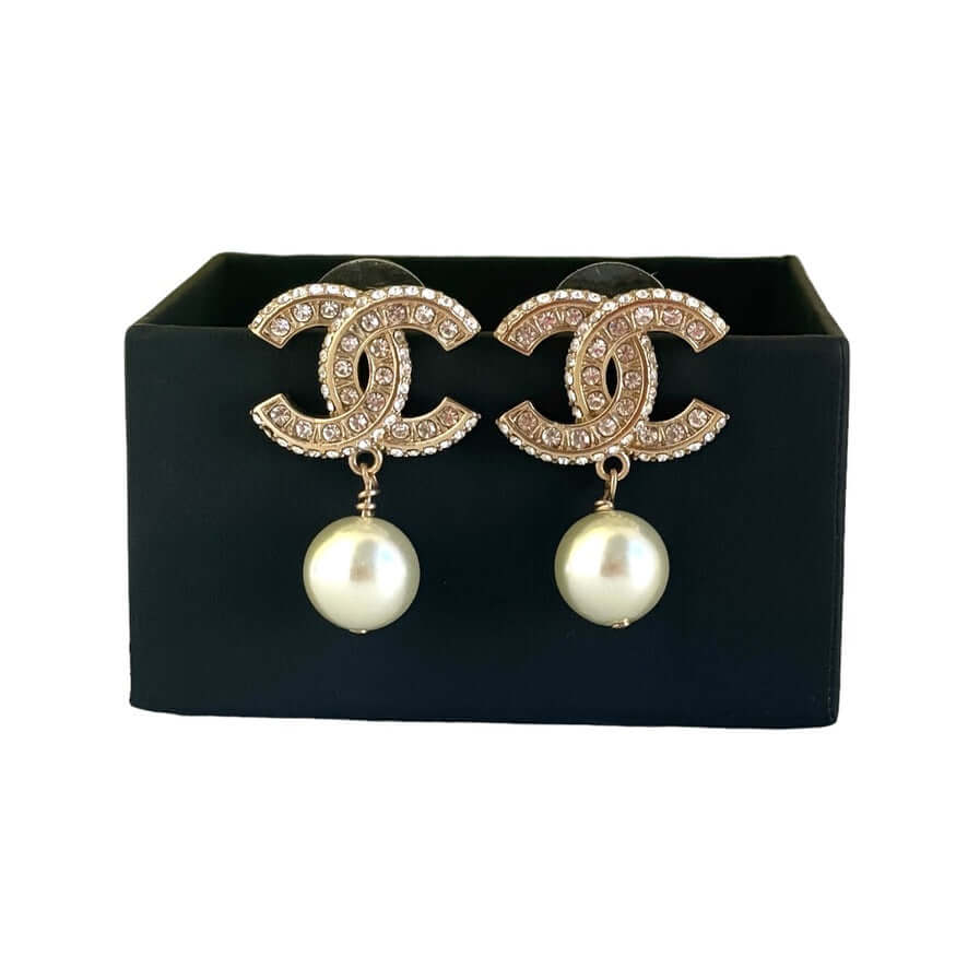 Chanel Gold CC w/ Crystals Dangle Pearl Earring Pre-Owned