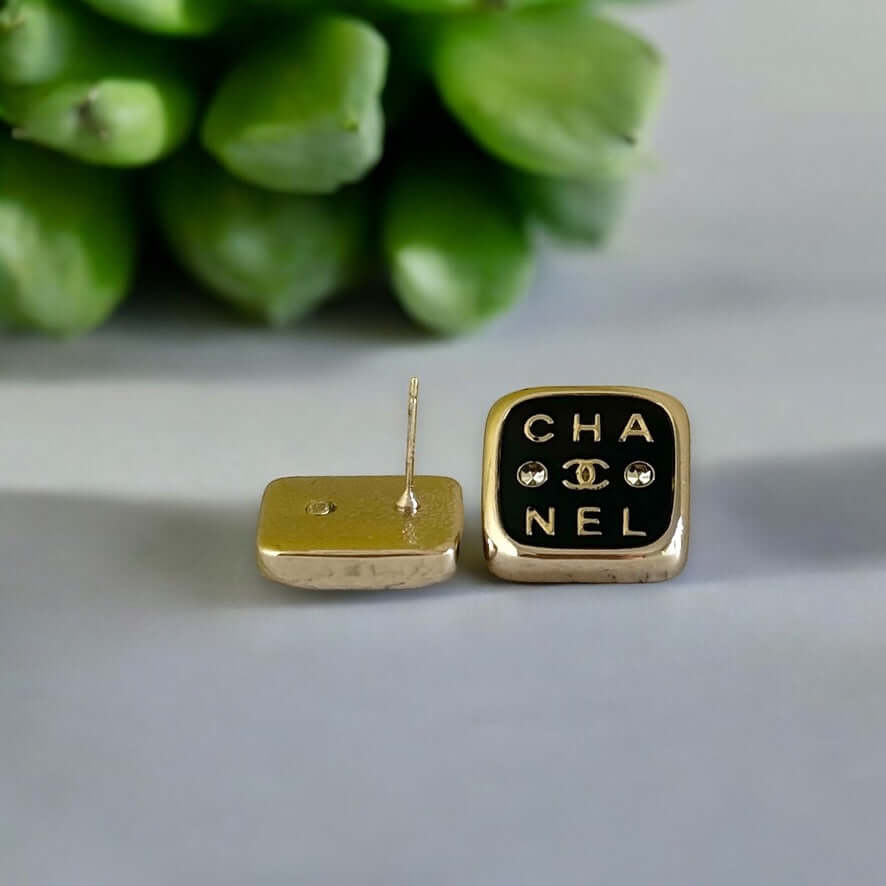 Chanel Gold Black Rounded Square Earrings Pre-Owned