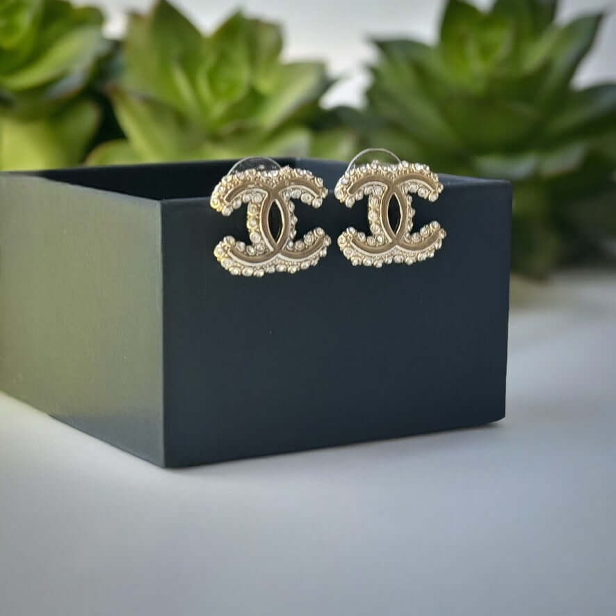 Chanel Gold CC with Clear Crystals  Post Earrings Pre-Owned