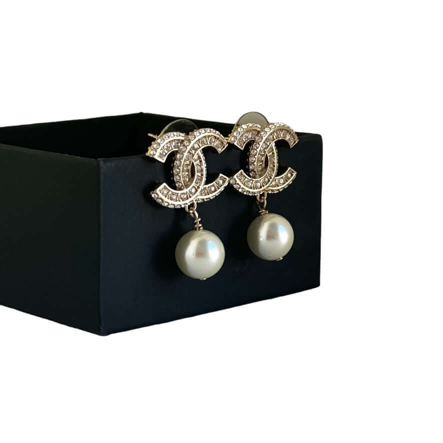 Chanel Gold CC w/ Crystals Dangle Pearl Earring Pre-Owned