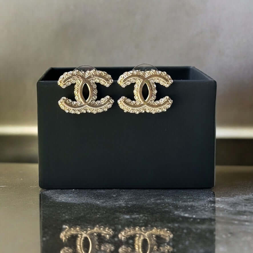 Chanel Gold CC with Clear Crystals  Post Earrings Pre-Owned