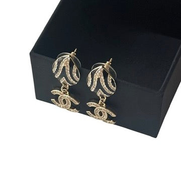 Pre-Owned Chanel Gold Plated & Black Enamel & Crystals Earrings