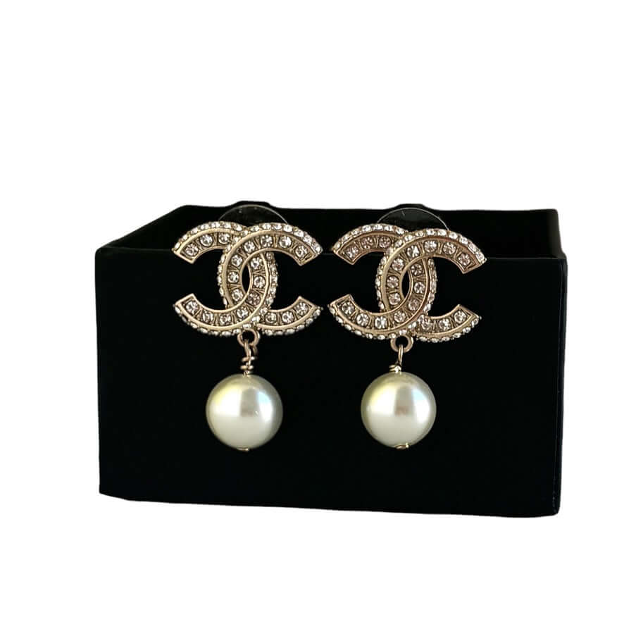 Chanel Gold CC w/ Crystals Dangle Pearl Earring Pre-Owned