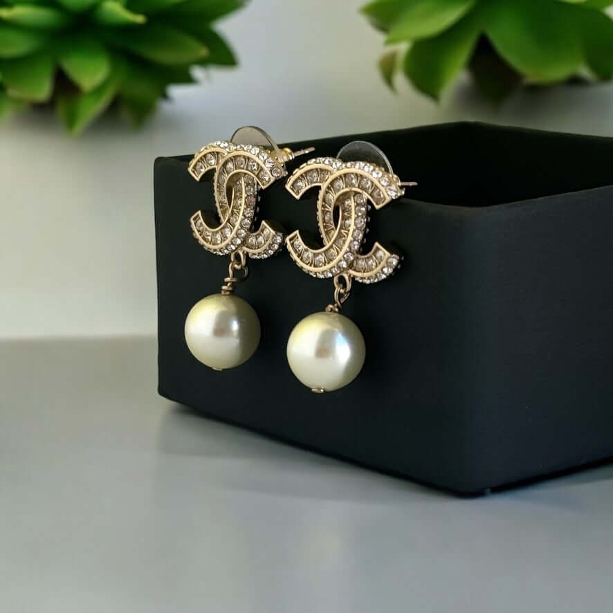 Chanel Gold CC w/ Crystals Dangle Pearl Earring Pre-Owned