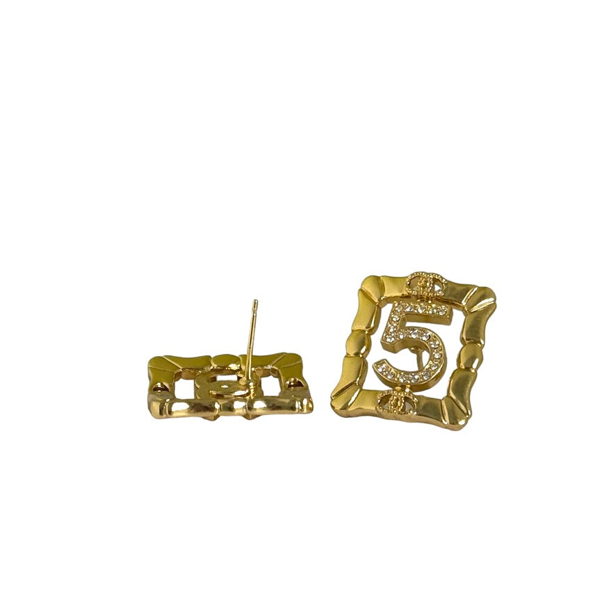 Authentic Chanel Gold CC & 5 Cut Crystals Pre-Owned Earrings