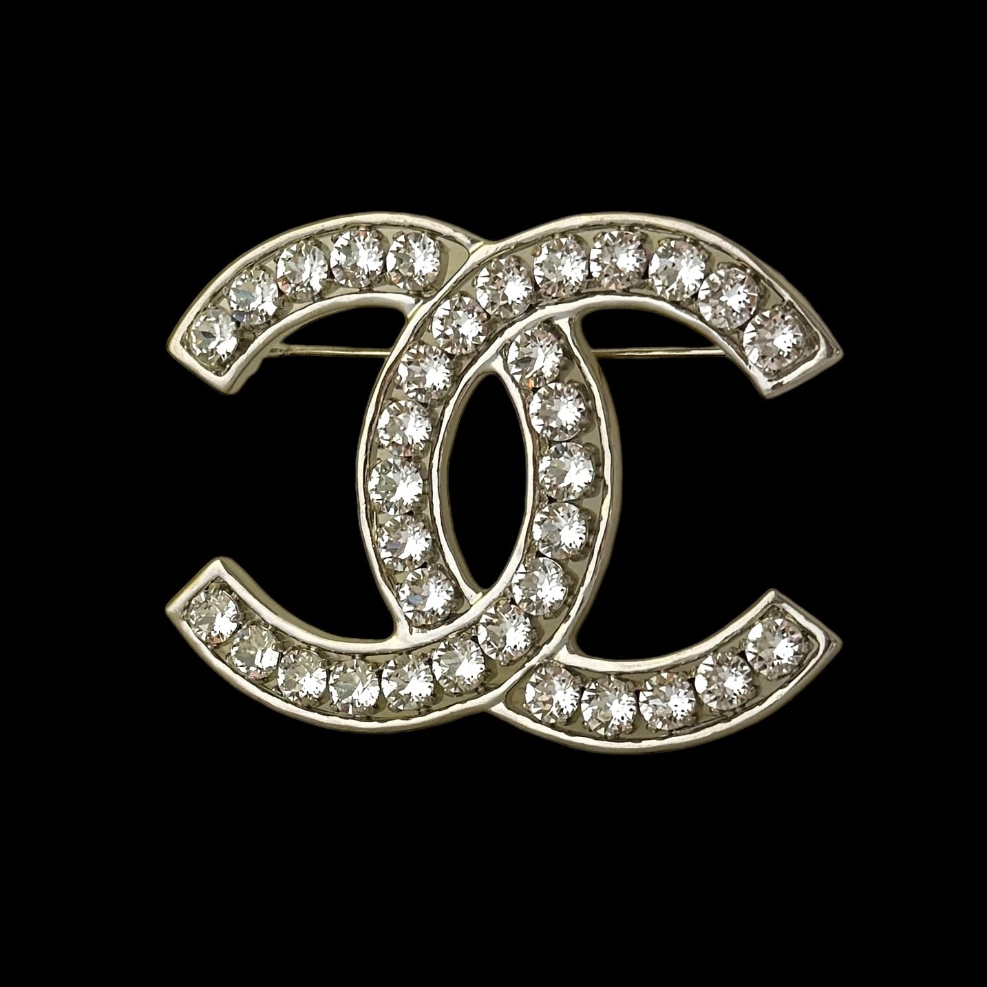 Chanel CC Silver Brooch with Clear Crystals 