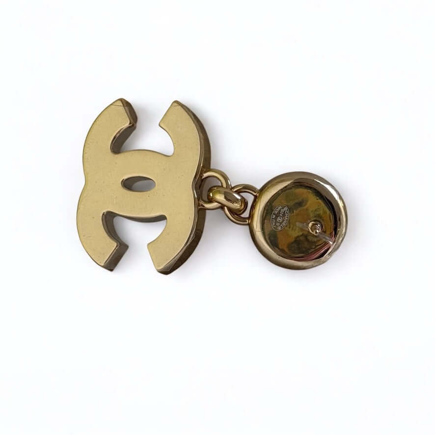 Authentic Chanel CC gold dangle earring charm with circular backing, pre-owned and in like new condition.