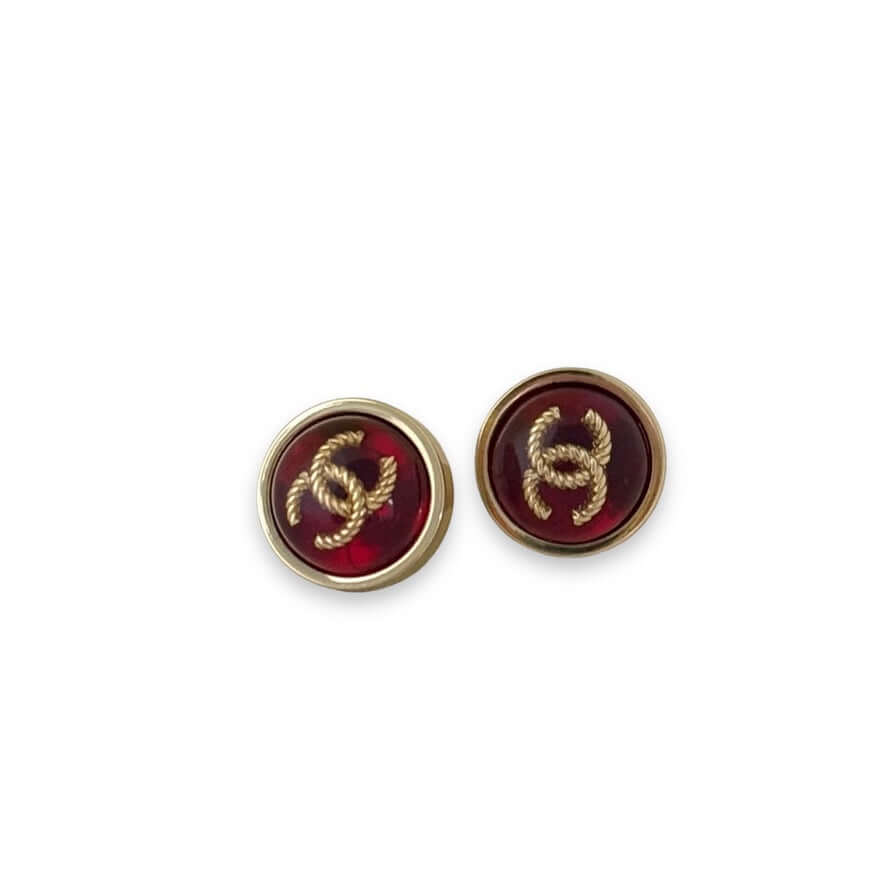 Pre-Owned Authentic Chanel Gold CC Round Red Earrings