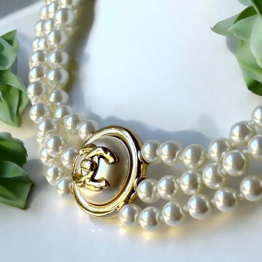 Authenitc Chanel Triple Strand Pearl w/ Gold CC Pendant Choker Pre-Owned