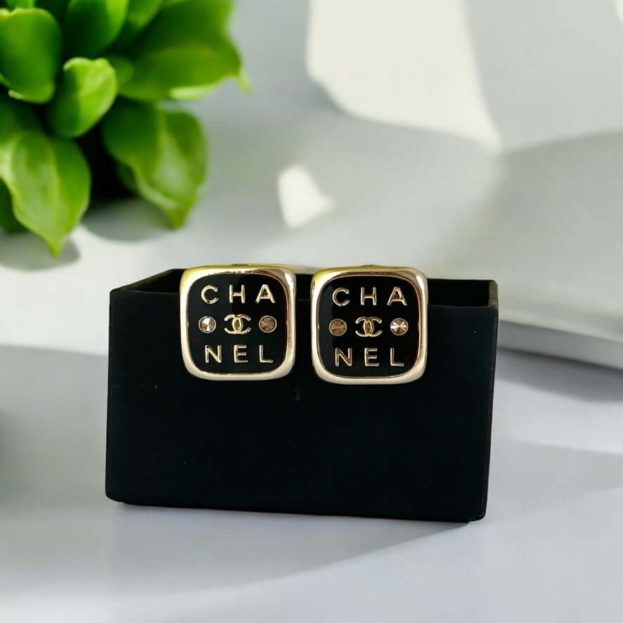 Chanel Gold Black Rounded Square Earrings Pre-Owned