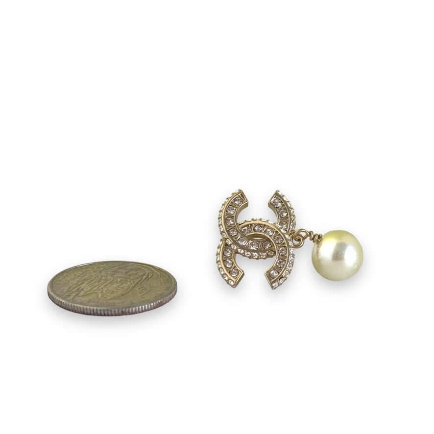 Chanel Gold CC w/ Crystals Dangle Pearl Earring Pre-Owned