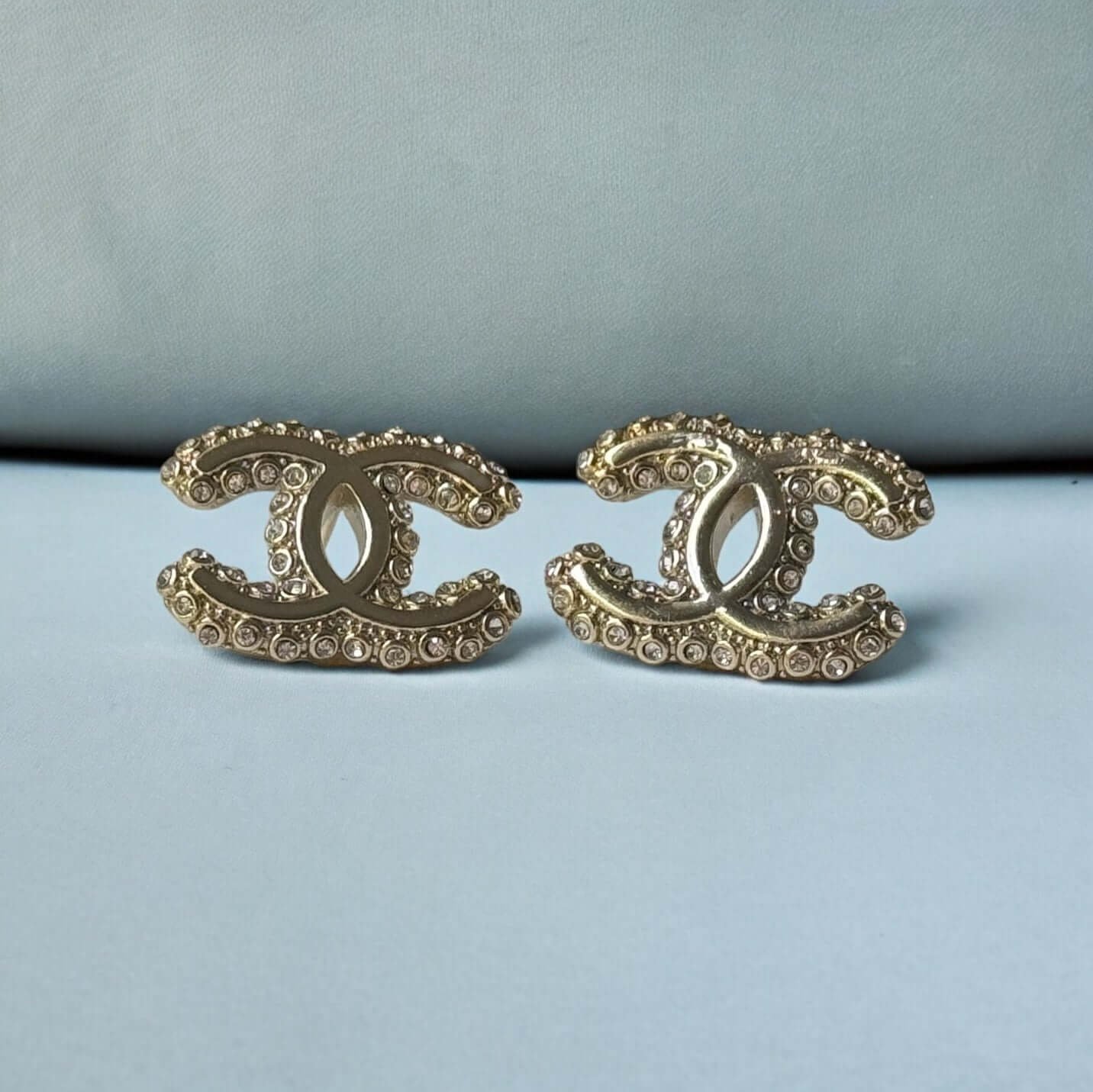 Chanel Gold CC with Clear Crystals  Post Earrings Pre-Owned