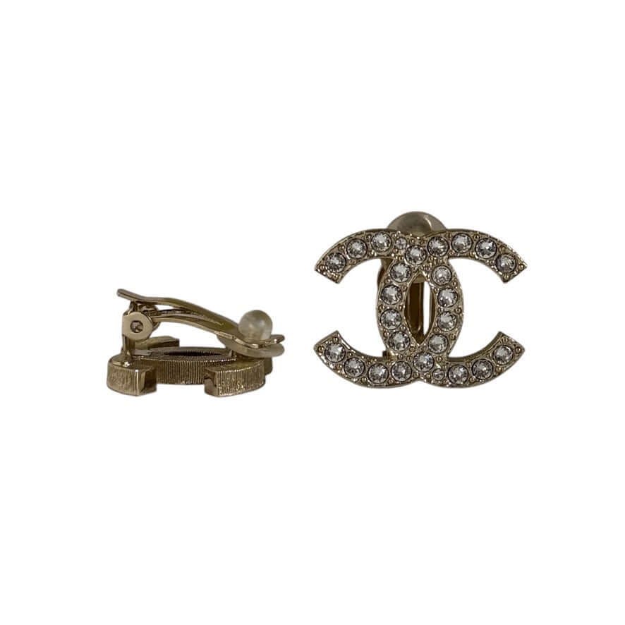 Authentic Chanel CC Lighter Gold Clip On Earrings with Crystals, pre-owned and in excellent condition, ready to elevate your style.