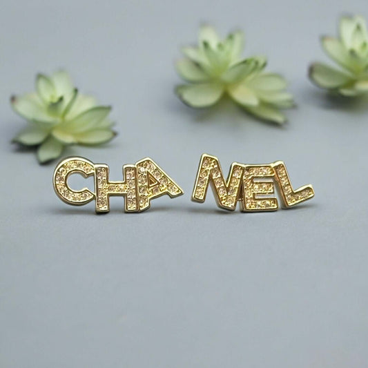 CHANEL Mark Gold/Encrusted Crystals Post Earrings Pre-Owned