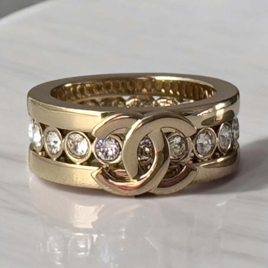 Rare stunning CHANEL CC Gold ring with crystals, pre-owned, size 6, excellent condition, perfect for gift giving.