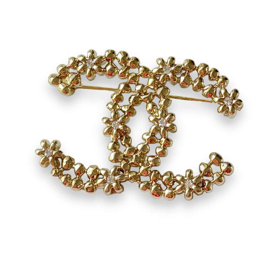 Authentic Chanel Gold CC Floral w/ mini Crystals Brooch Pin Pre-Owned