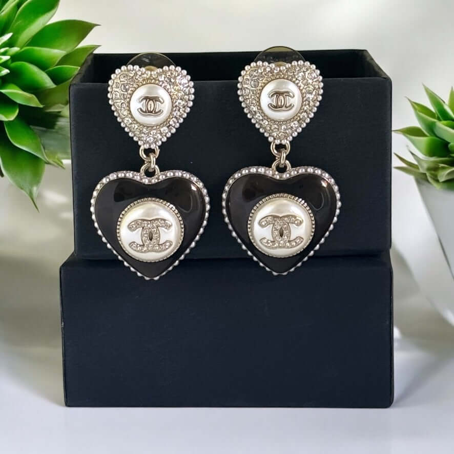 Stunning Authentic Chanel Gold Heart CC Dangle Earrings with mini pearls and sparkling crystals, pre-owned in excellent condition.