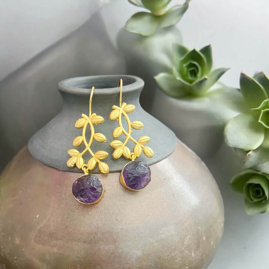 Amethyst Gold Resort wear Floral Hand-crafted Earrings Artisan Made - My Mama Found What  My Mama Found What 