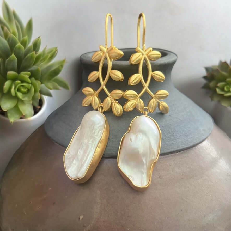 Artisan Bright Gold Baroque Pearls Threader Earrings - My Mama Found What 