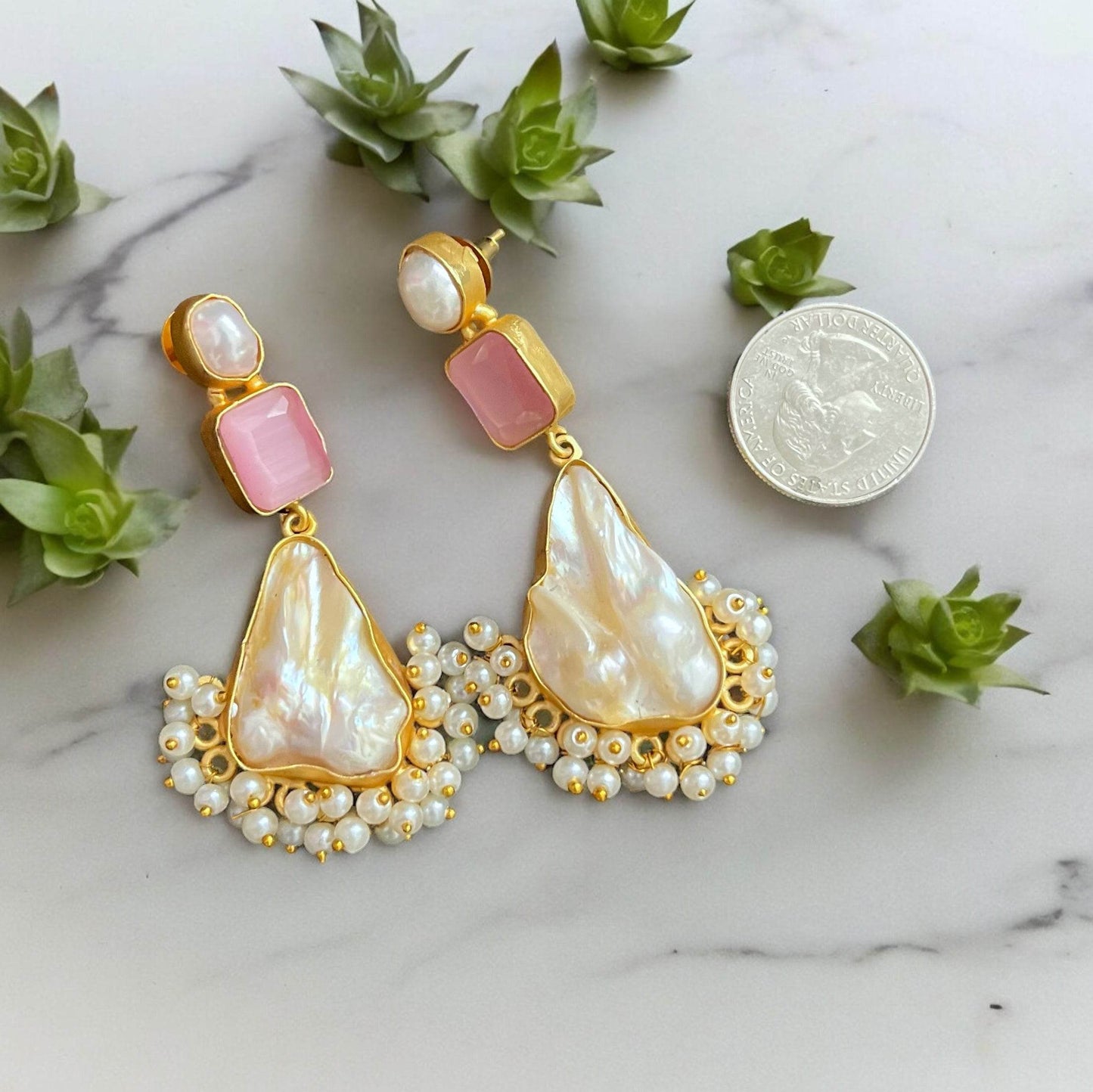 Artisan Made Gold Baroque Pearls w/Pink Crystal Statement Earrings - My Mama Found What  My Mama Found What 