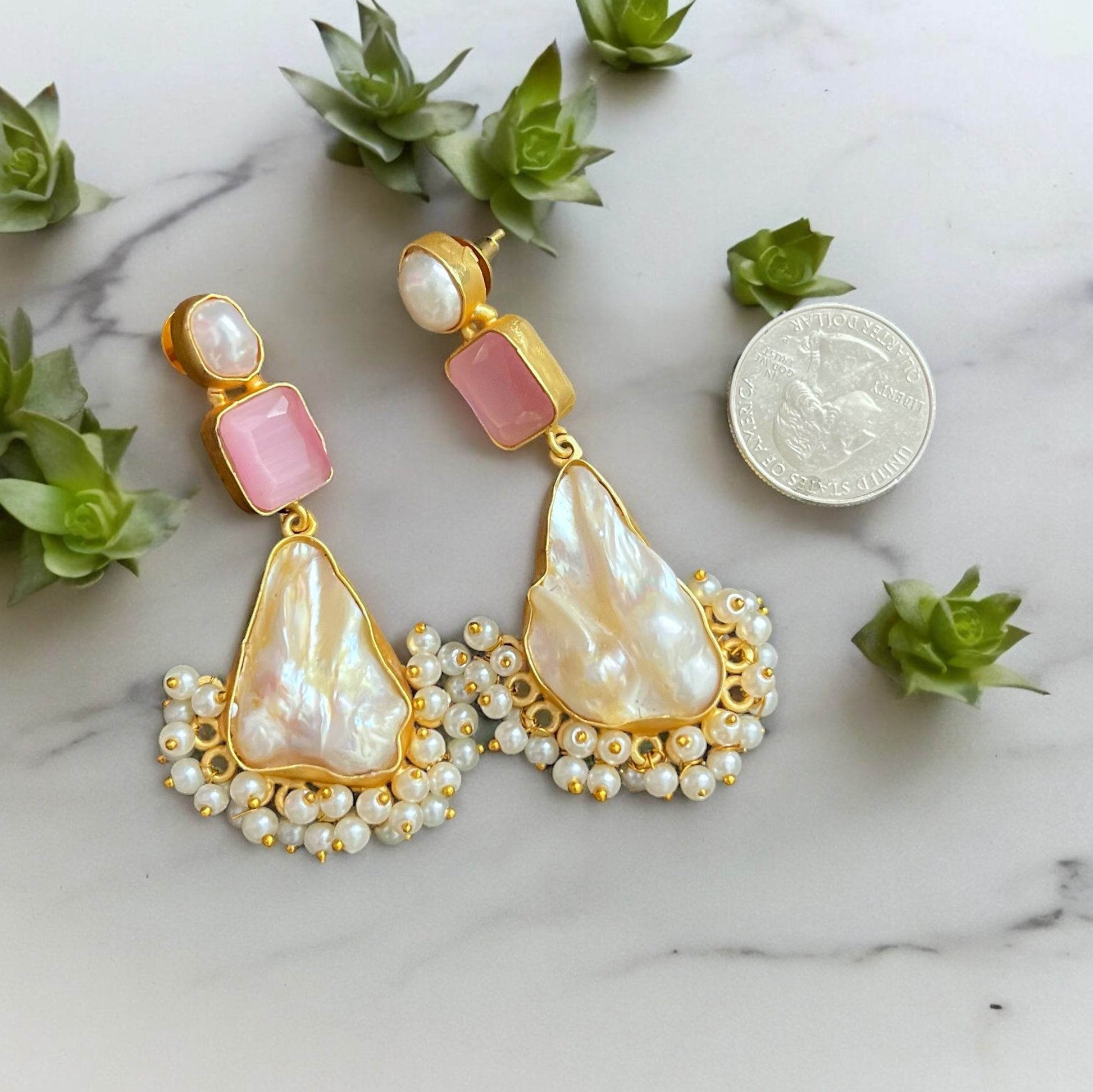 Artisan Made Gold Baroque Pearls w/Pink Crystal Statement Earrings - My Mama Found What 