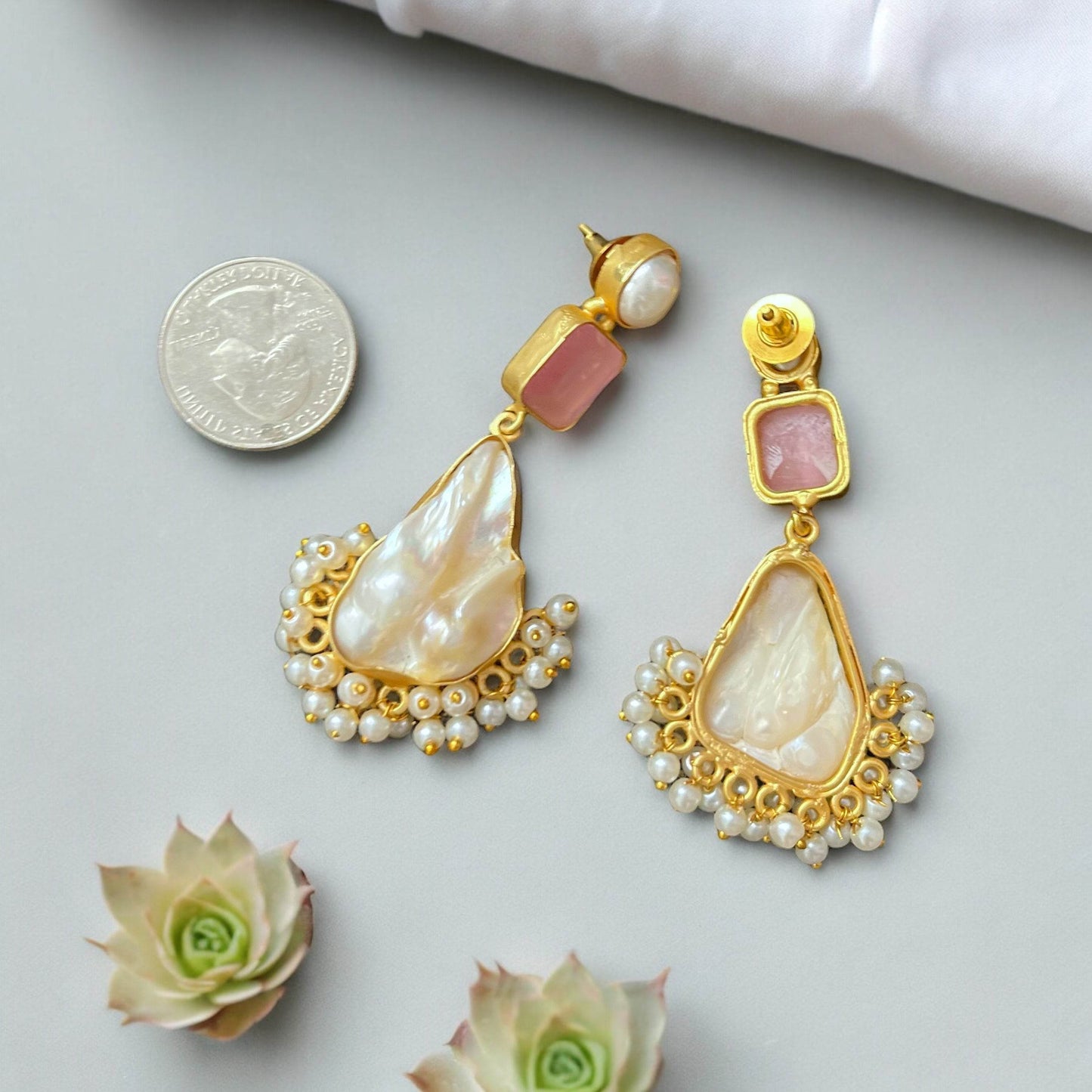 Artisan Made Gold Baroque Pearls w/Pink Crystal Statement Earrings - My Mama Found What  My Mama Found What 