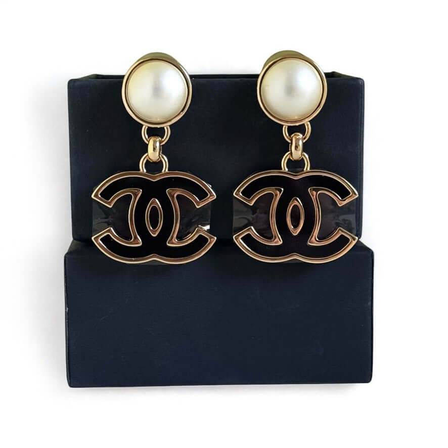 Authentic Chanel CC Gold White Blk Dangle Earrings Pre-Owned like NEW - My Mama Found What 