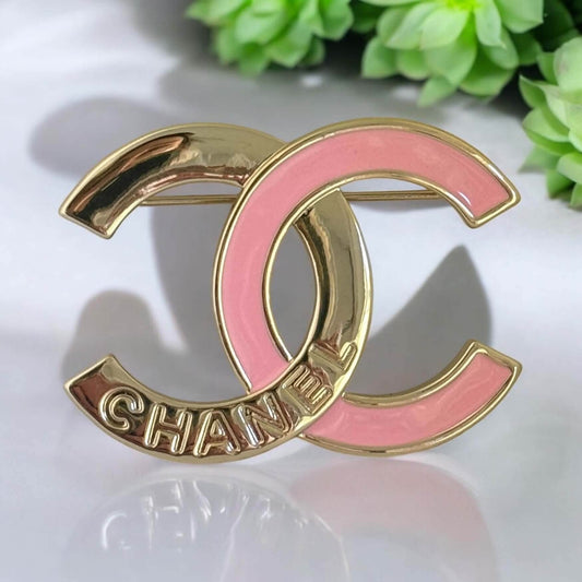Authentic Chanel CC Gold w/ Pink Enamel Gold Brooch Pre-Owned - My Mama Found What 