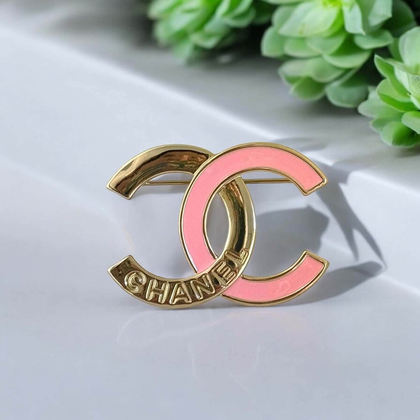 Authentic Chanel CC Gold w/ Pink Enamel Gold Brooch Pre-Owned - My Mama Found What 