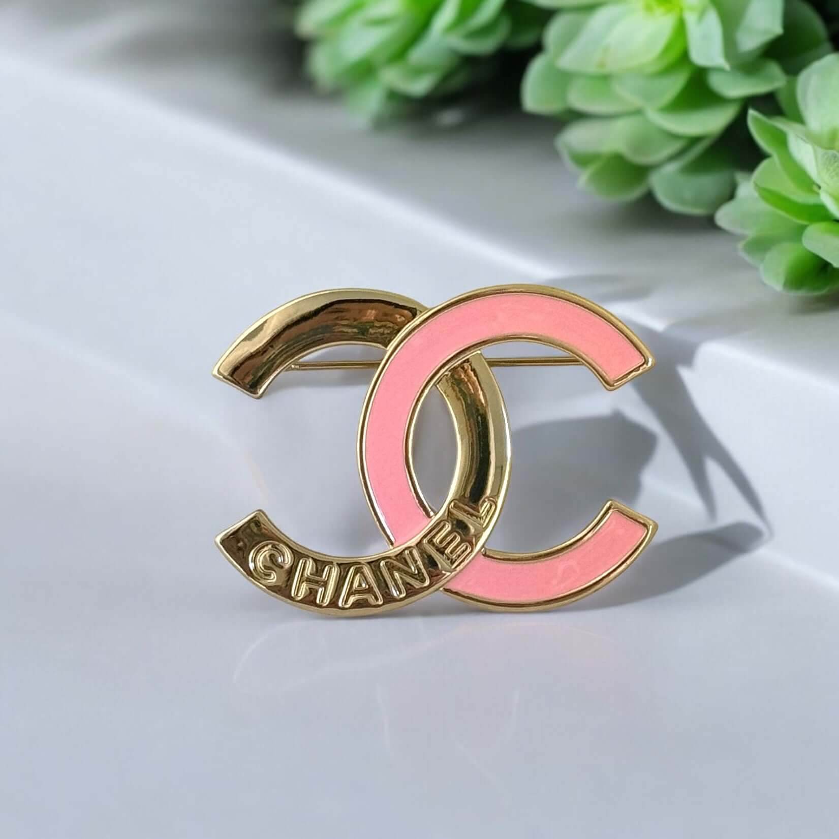Authentic Chanel CC Gold w/ Pink Enamel Gold Brooch Pre-Owned - My Mama Found What 