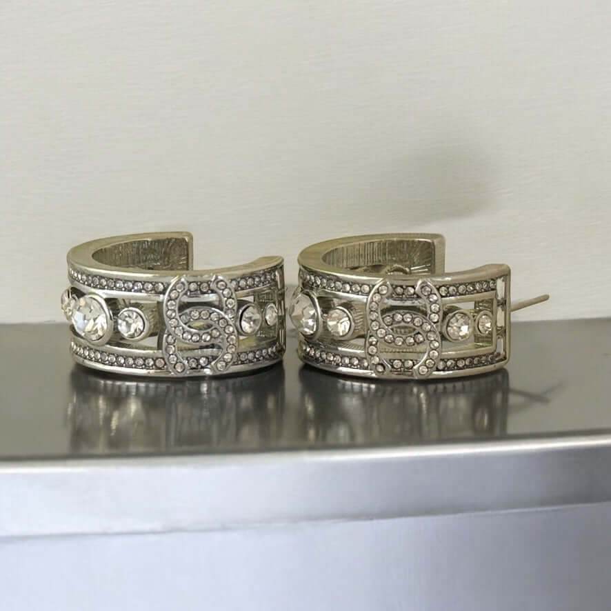 Authentic Chanel CC Silver w/ Crystals Hoops Pre-Owned - My Mama Found What 