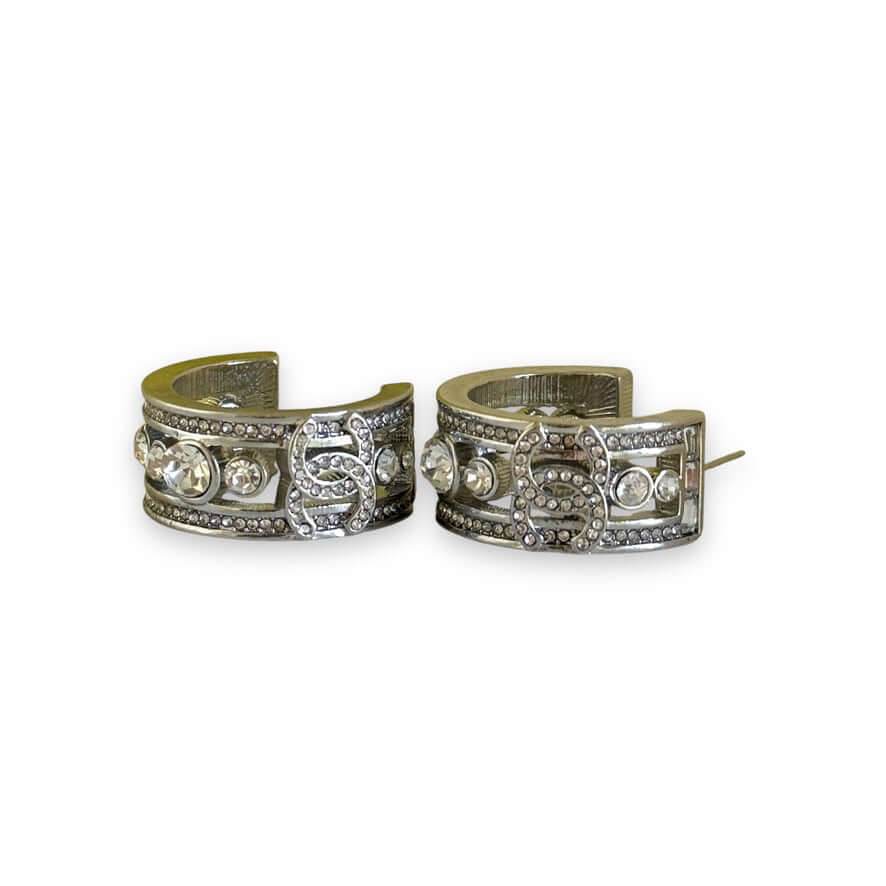 Authentic Chanel CC Silver w/ Crystals Hoops Pre-Owned - My Mama Found What 