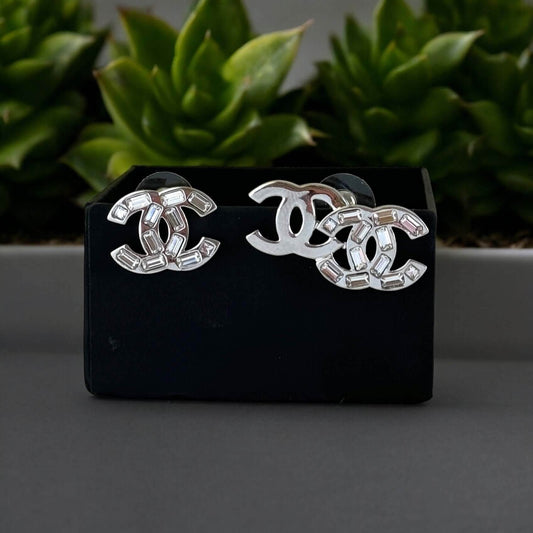 Authentic Chanel CC Silver w/Crystals Post Earrings B22P Pre-Owned - My Mama Found What 