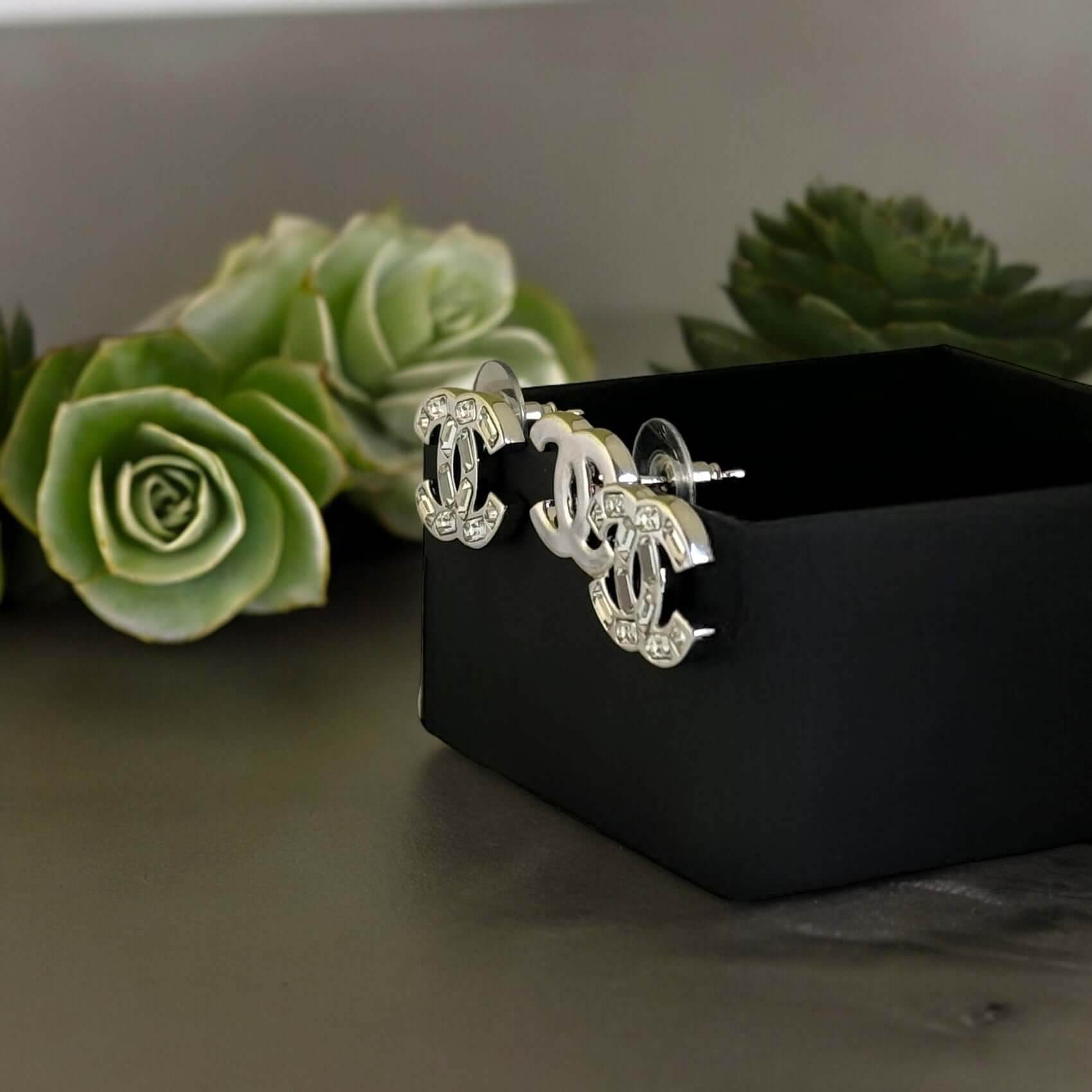 Authentic Chanel CC Silver w/Crystals Post Earrings B22P Pre-Owned - My Mama Found What 