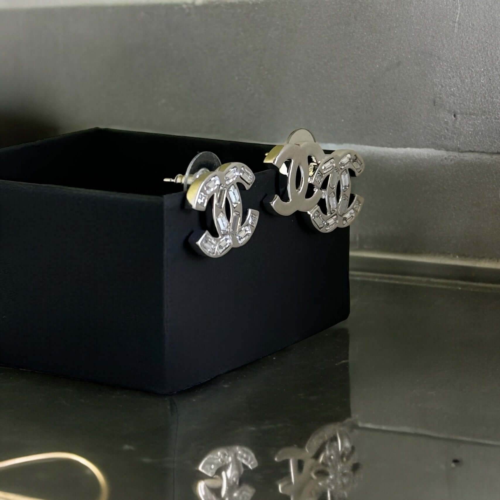 Authentic Chanel CC Silver w/Crystals Post Earrings B22P Pre-Owned - My Mama Found What 