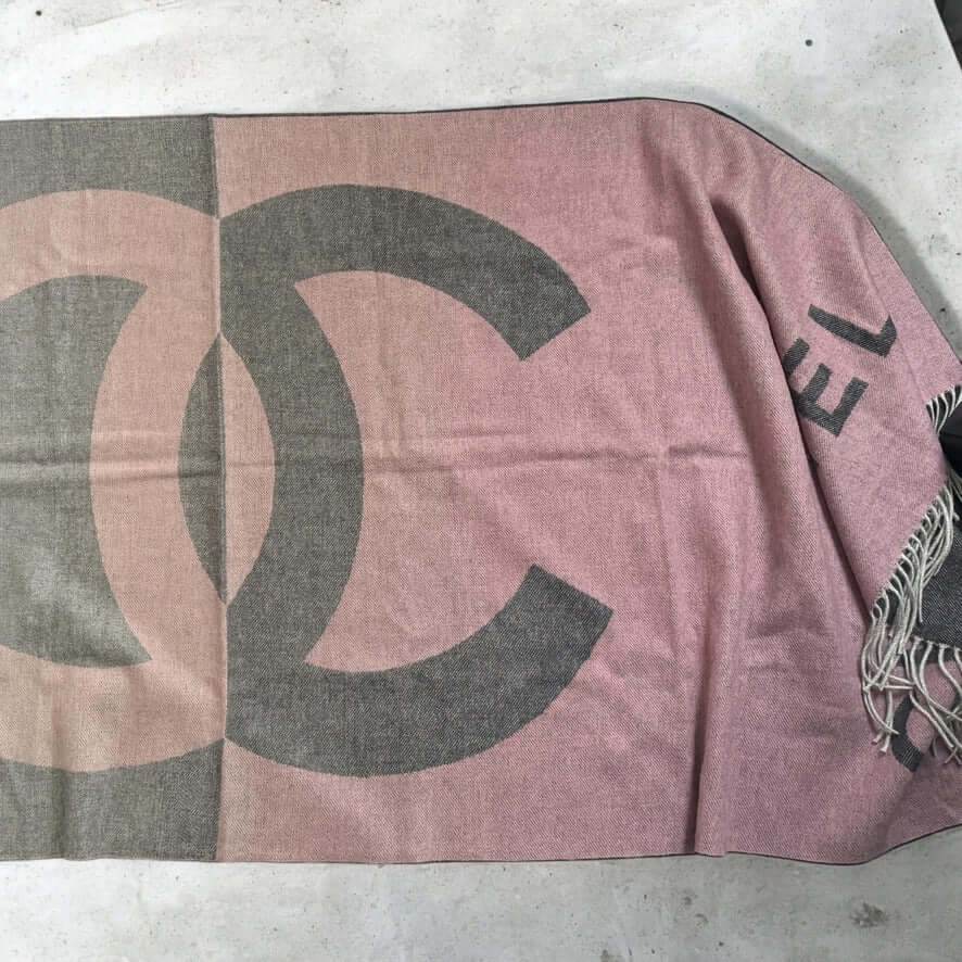 Authentic Chanel Fringe Pink Grey CC Shawl Scarf Never Worn Cashmere - My Mama Found What 