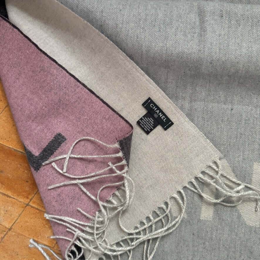 Authentic Chanel Fringe Pink Grey CC Shawl Scarf Never Worn Cashmere - My Mama Found What 
