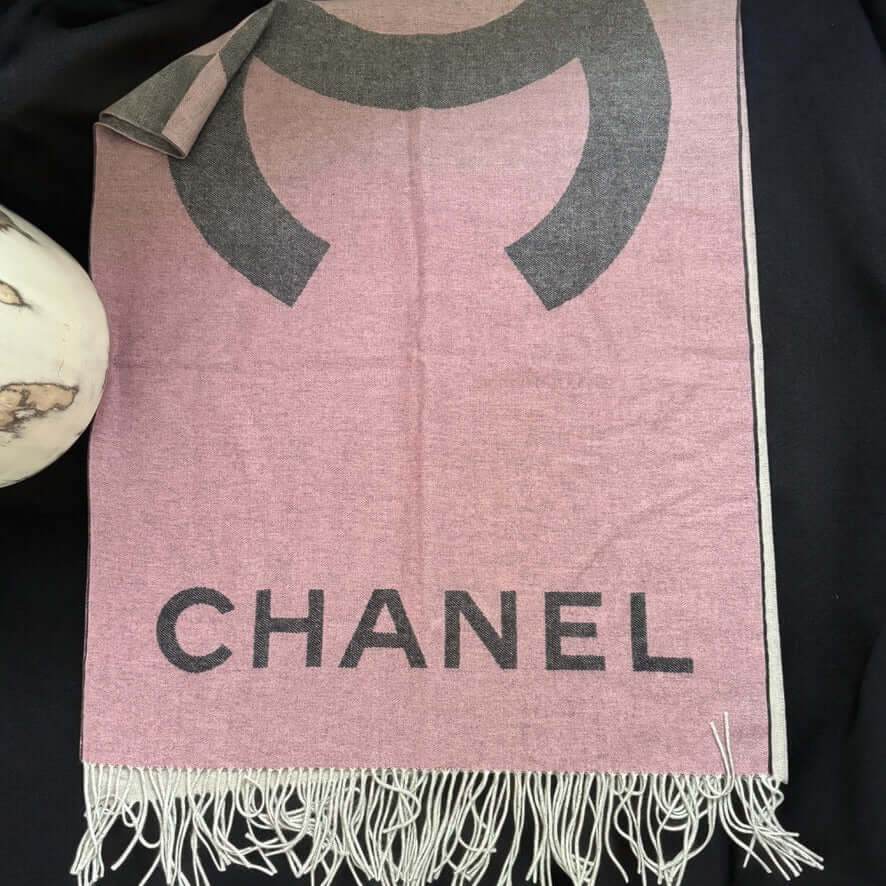Authentic Chanel Fringe Pink Grey CC Shawl Scarf Never Worn Cashmere - My Mama Found What 