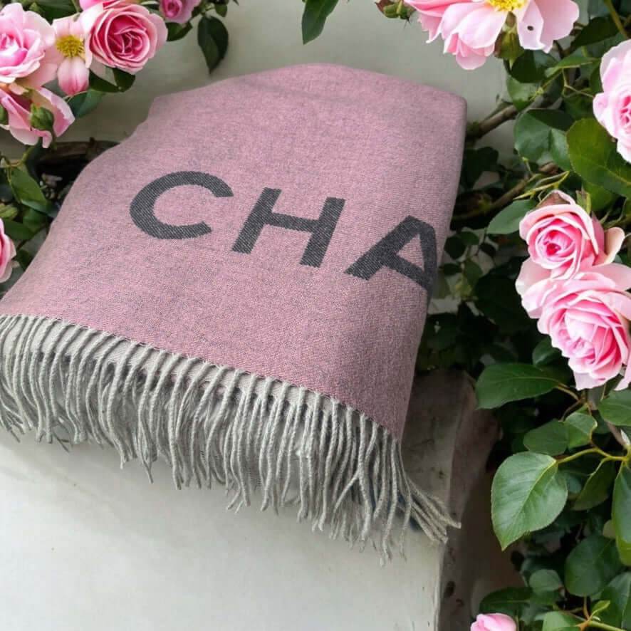 Authentic Chanel Fringe Pink Grey CC Shawl Scarf Never Worn Cashmere - My Mama Found What 