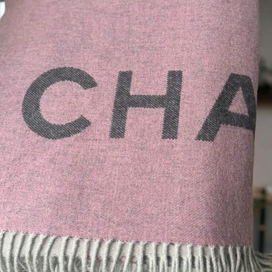 Authentic Chanel Fringe Pink Grey CC Shawl Scarf Never Worn Cashmere - My Mama Found What 