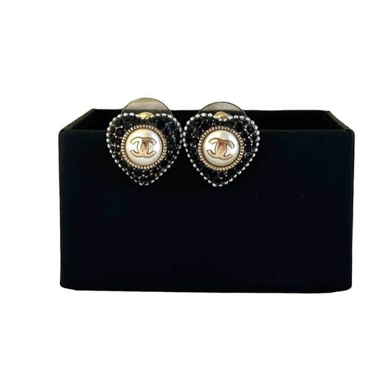 Authentic Chanel Gold CC Black Crystals Heart Earrings - My Mama Found What  My Mama Found What 