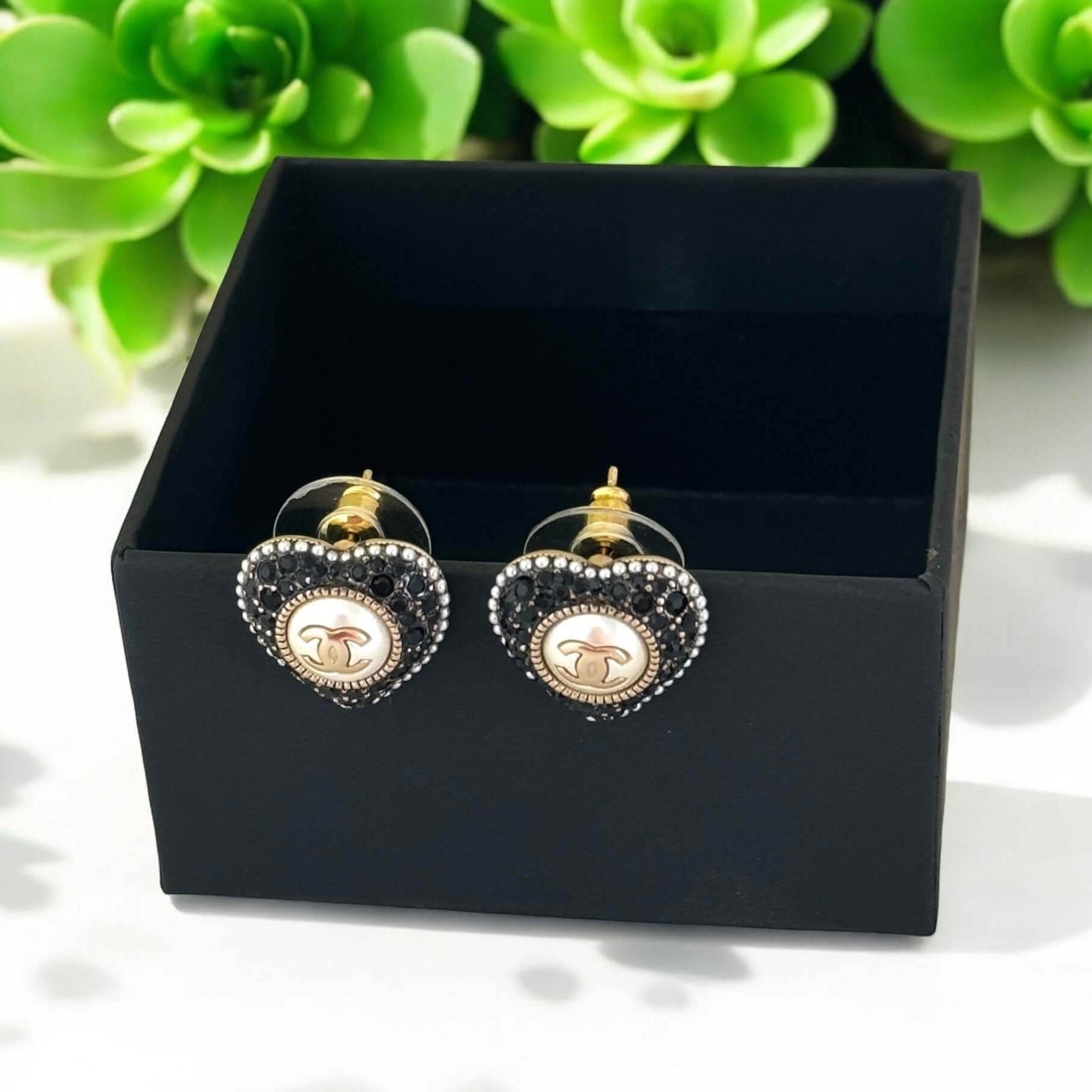 Authentic Chanel Gold CC Black Crystals Heart Earrings - My Mama Found What  My Mama Found What 