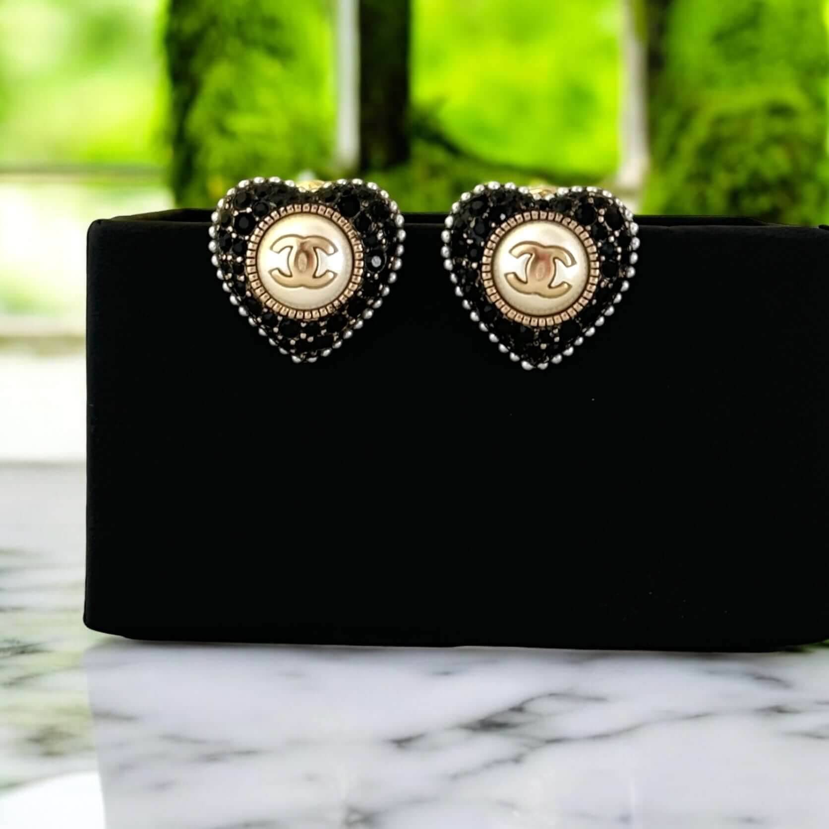 Authentic Chanel Gold CC Black Crystals Heart Earrings - My Mama Found What 