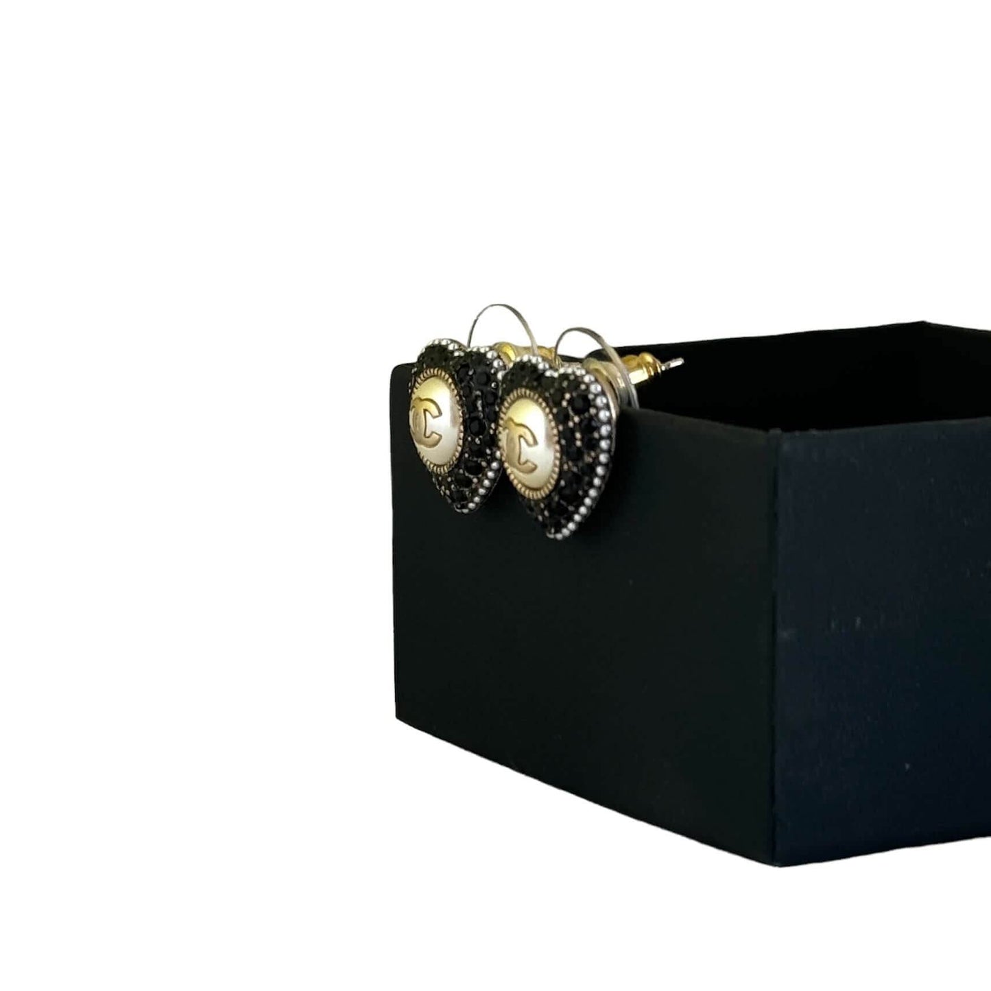Authentic Chanel Gold CC Black Crystals Heart Earrings - My Mama Found What  My Mama Found What 
