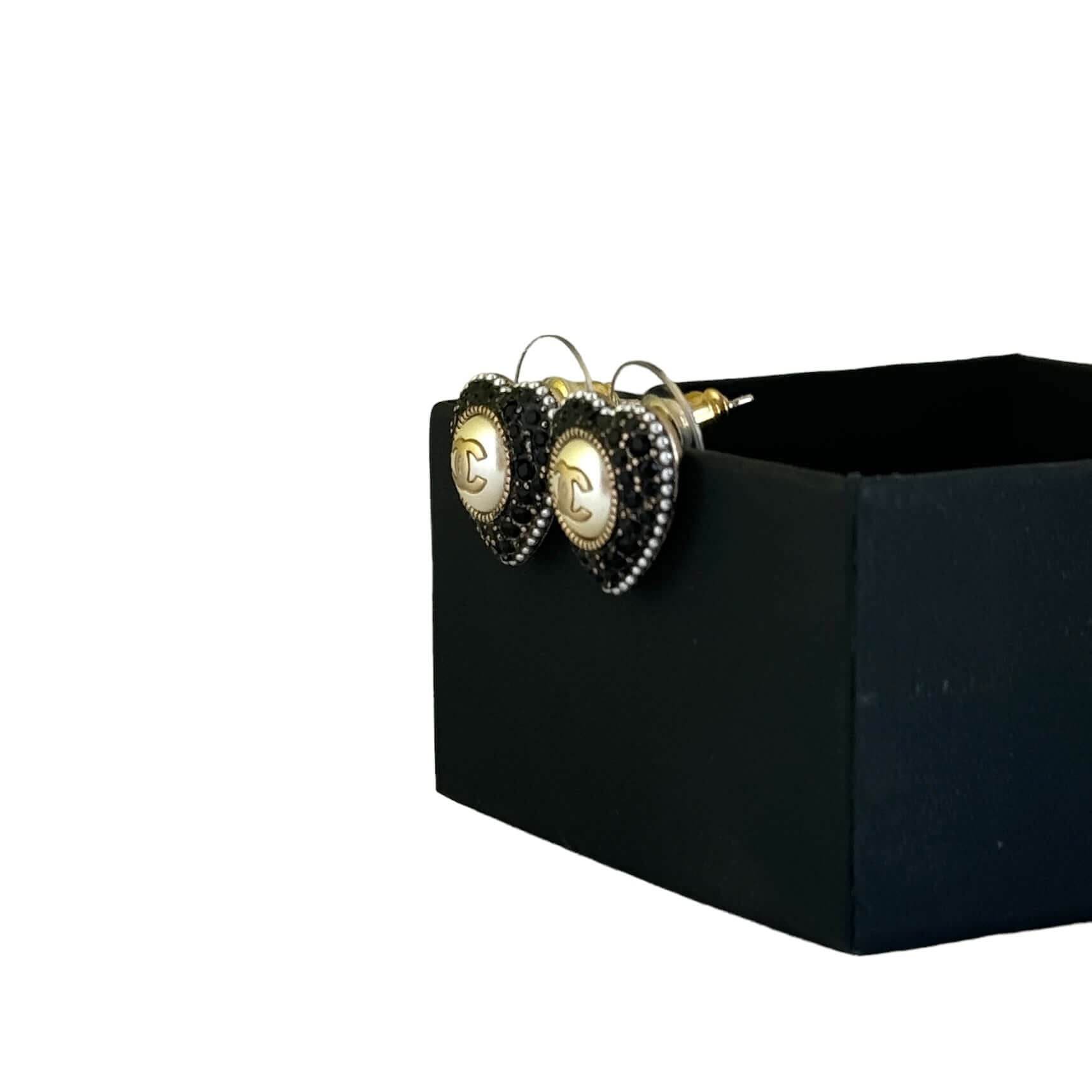 Authentic Chanel Gold CC Black Crystals Heart Earrings - My Mama Found What 
