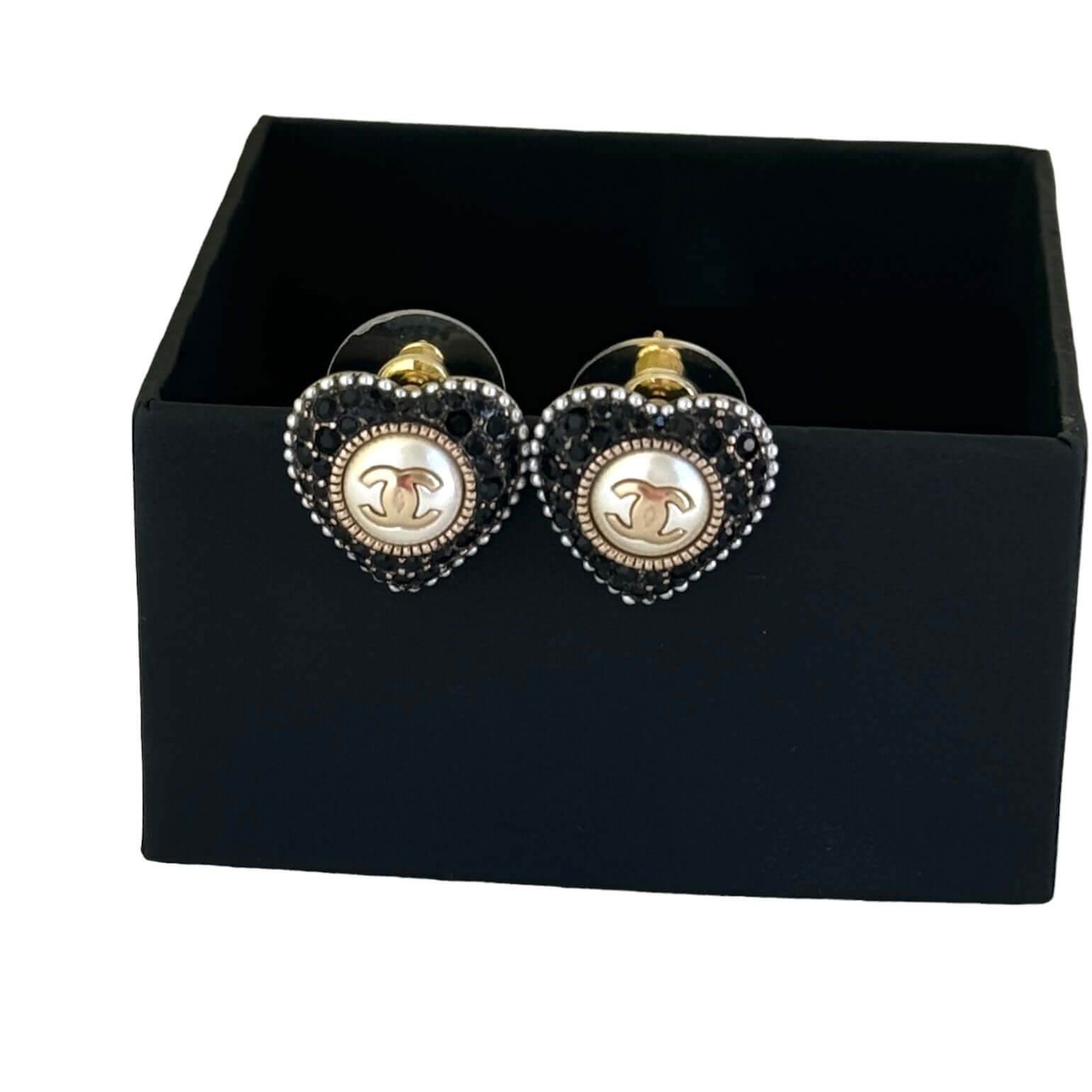 Authentic Chanel Gold CC Black Crystals Heart Earrings - My Mama Found What 