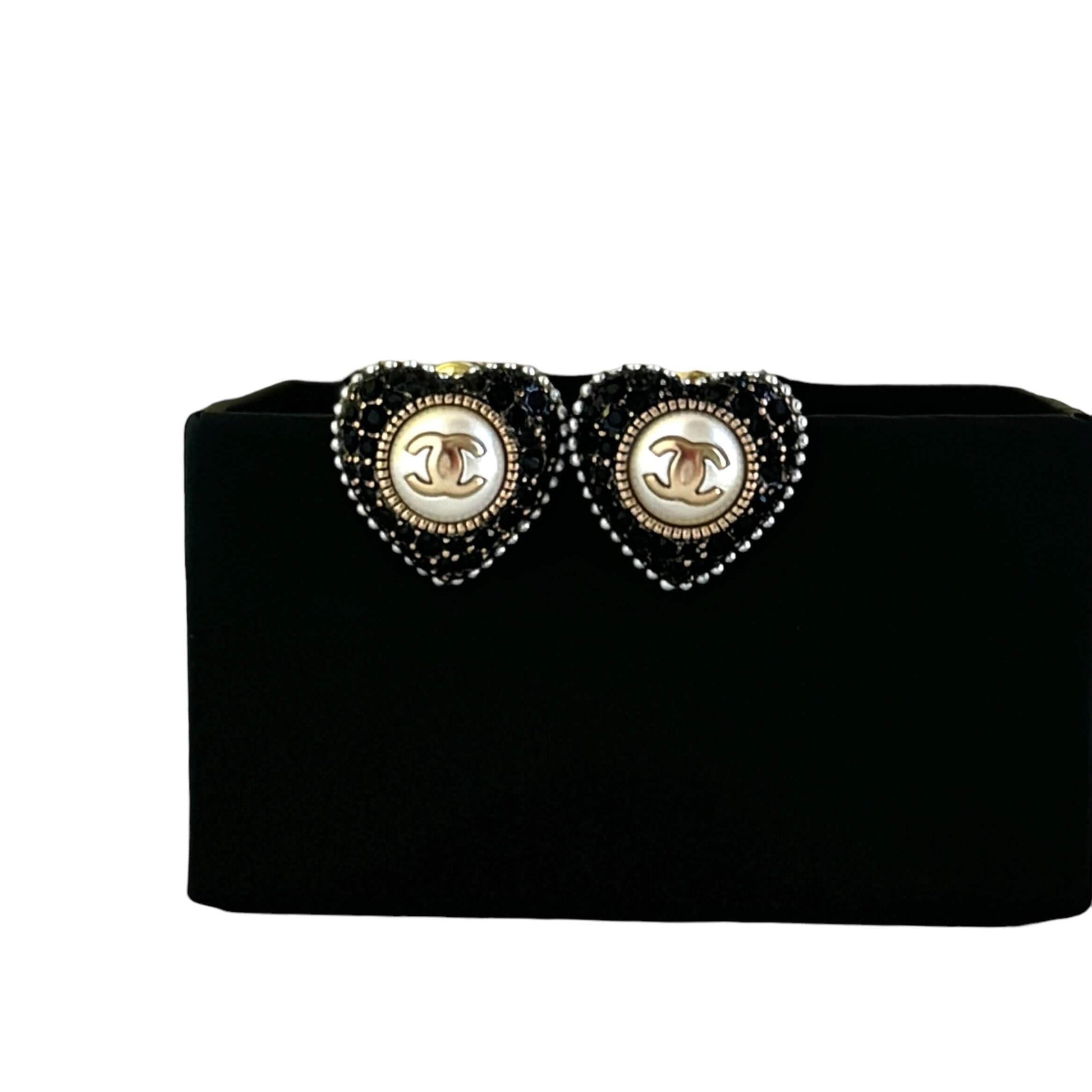 Authentic Chanel Gold CC Black Crystals Heart Earrings - My Mama Found What 