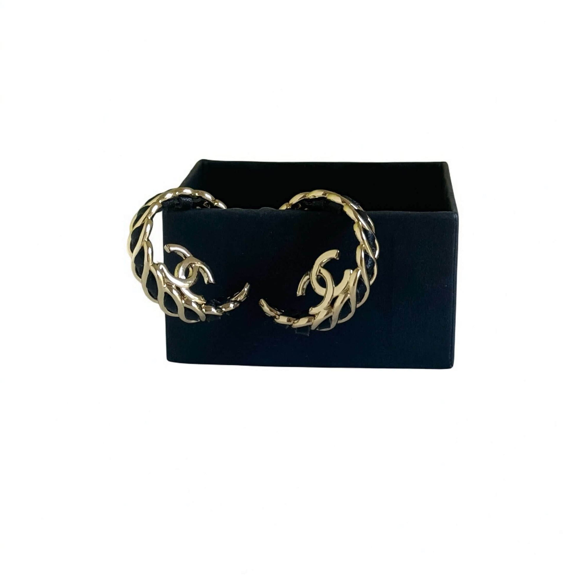 Authentic Chanel Gold CC Black Leather Statement Earrings Pre-Owned I 24 K - My Mama Found What 